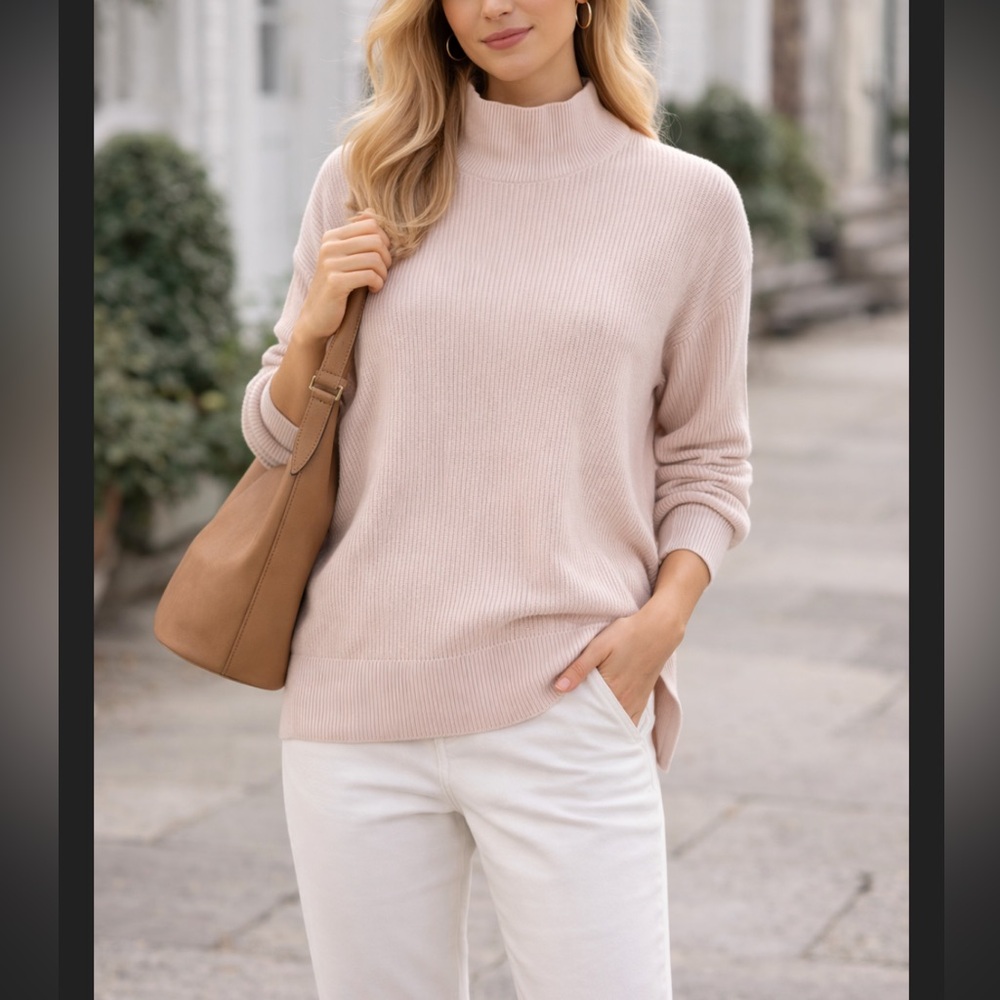 White + Warren Ribbed Mock Neck Sweater S Blush Pink Cotton Silk Minimalist Luxe